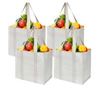 VENO 4 Pack Reusable Grocery Shopping Bag w/Hard Bottom for Trolley Cart, Heavy Duty Tote Bag for Life,Beach Bag, Multi-Purpose Water-Resistant (Beige, 4 Pack)