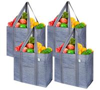 VENO 4 Pack Reusable Grocery Shopping Bag w/Hard Bottom, Front Pocket, Multi-Purpose Heavy Duty Tote, Utility Shopper Bag, Beach Bag, Stands Upright, Water-Resistant, Sustainable (Gray, 4 Pack)
