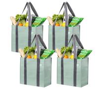 VENO Set of 4 Compact and Practical Reusable Grocery and Shopping Bags with Handles and Rigid Bottom. Foldable, Durable and Robust Utility Tote Bag (Light Green, Set of 4)