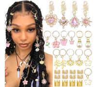 VENOFEN 36PCS Pink Crystal Hair Jewelry Butterfly Braids Clips Flower Loc Jewelry Pearl Hair Charms Gold Hair Cuffs Rings Metal Dreadlock Beads Multi Style Braids Accessories for Women and Girls