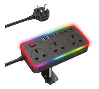 Venom 2M Desk Extension Lead With 3 Uk Sockets, Fast Usb Charging & Led Lighting