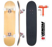 Venom Core Complete Skateboard - Natural Wood Stain Deck - Double Kick Trick Skateboard for Kids Boys/Girls Adults Beginners -Advance - Deck/Trucks/Wheels etc - Natural Deck/Raw Trucks - 8.0