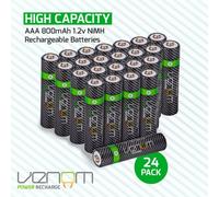 Venom Rechargeable AAA Batteries - 800mAh 1.2V NiMH (24-Pack), Black