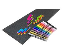 Venom Skateboards Grip Tape & 12 Paint Pens Art Pack - Perforated Skate board Grip tape for Skateboard Skate Deck Colour your Own Black Grip Tape Skateboard Accessories for Art 9" x 33" 5 Grip + Pens