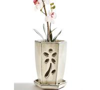 vensovo 10 CM Ceramic Orchid Pot with Holes and Attached Saucer, Small Hexagon Orchid Planter for Repotting, Promotes Air Circulation and Drainage for Healthy Roots, Indoor Outdoor, Milk White