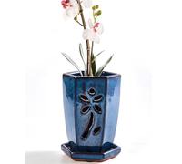 vensovo 10 CM Ceramic Orchid Pot with Holes and Saucer, 1 Pc Small Hexagon Succulent Planter for Repotting, Garden Flowerpot for Indoor Outdoor Plants, Promotes Air Circulation (Blue)