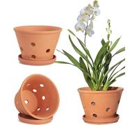 vensovo 15 CM Terracotta Orchid Pots with Holes and Saucers, 3 Pack Clay Planter Pots for Repotting, Terra Cotta Flower Pots for Orchid Indoor and Outdoor Promotes Air Circulation