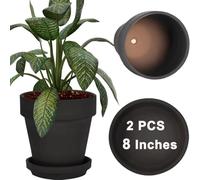vensovo 20CM Black Clay Pot for with Saucer - 2 Pack Large Terra Cotta Plant Pot with Drainage Hole, Flower Pot with Tray, Terracotta Pot for Indoor Outdoor