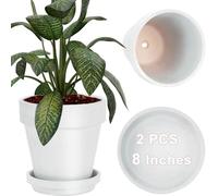vensovo 20CM White Clay Pot for with Saucer - 2 Pack Large Terra Cotta Plant Pot with Drainage Hole, Flower Pot with Tray, Terracotta Pot for Indoor Outdoor