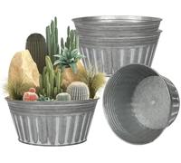 vensovo 25.4 CM Silver Metal Rustic Plant Pots - 4 Pcs Large Shallow Galvanized Planters with Drain Hole and Rubber Plug, Rustproof Tin Bucket Succulent Pot Indoor Farmhouse Vintage Style for Decor