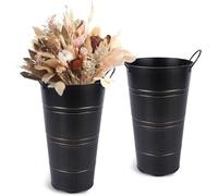 vensovo 30.4 CM Galvanized Metal Vases for Flowers - 2 Pcs Farmhouse Decorative Tall Flower Bucket with Handles, Rustic French Tin Planter Buckets for Wedding Decor (Black)