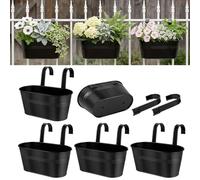 vensovo Metal Hanging Flower Pots for Railing Fence - 5 PCS Black Large Hanging Planter for Balconyl Metal Iron Buckets with Removable Hooks & Drainage Holes Outdoor Garden Home Decor (11 Inch)