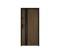 Vente-unique - Entrance door made of solid steel and stainless steel, H 207 x L 100 cm, smoked glass, walnut effect and black, thickness 55 mm, sliding straight