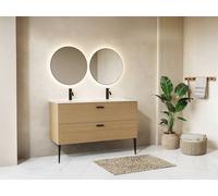 Vente-unique Fluted Freestanding Bathroom Unit With Inset Basin - 2 Drawers - Light in Light Oak Vente-unique Light Oak
