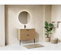 Vente-unique Fluted Freestanding Bathroom Unit With Inset Basin - 2 Drawers - Light in Light Oak Vente-unique Light Oak