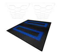 Vented Modular Interlocking Flooring Tiles 165 Black & 60 Blue With Edges & Hexagon LED Lighting 28 White Lights & Border 6500K 3 Mount Options & Suspended Ceiling Kit Single Garage Floor Mat 6m x 6m