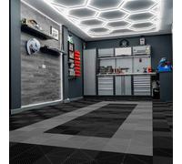 Vented Modular Interlocking Flooring Tiles 165 Black & 60 Grey With Edges & Hexagon LED Lighting 28 White Lights & Border 6500K 3 Mount Options & Suspended Ceiling Kit Single Garage Floor Mat 6m x 6m 