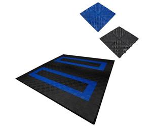 Vented Modular Interlocking Flooring Tiles & Edges 165 Black & 60 Blue Double Garage Heavy Duty Floor Mat Showroom Workshop Outdoor Polypropylene Anti Slip Weather Resistant Drainage 6m x 6m 36m2