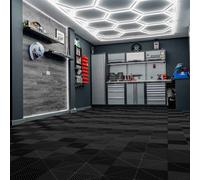 Vented Modular Interlocking Flooring Tiles x 225 Black With Edges & Hexagon LED Lighting 28 White Lights & Border 6500K 3 Mount Options & Suspended Ceiling Kit Single Garage Floor Mat 6m x 6m 36m2 Bla