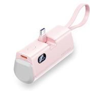 VENTION 4800 mAh Mini Power Bank with Integrated Type-C & Lightning Cable, 22.5 W Quick Charge, Dual Output LED Display, Portable Battery for iPhone 16/15/14 AirPods (Pink)