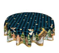 VentuCoven Christmas Nativity 60 inch Round Tablecloth Blue Buffalo Plaid Circle Tablecloths Star Xmas Tree Circular Table Cloth Polyester for Festive Kitchen Holiday Decor