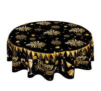 VentuCoven Happy New Year Round Tablecloth New Years Circle Tablecloth Polyester Fireworks Gold Black Table Cloth 2026 New Year Decorations for Round Tables 60 Inch