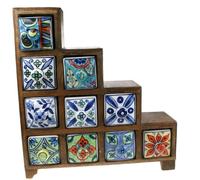 Venture Vehicles Ltd Mango Wood Decorative Trinket Storage Box | 10 x Hand Painted Ceramic Drawer