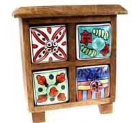 Venture Vehicles Ltd Mango Wood Decorative Trinket Storage Box | 4 x Hand Painted Ceramic Drawer