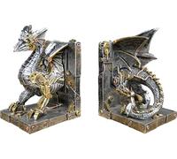Venture Vehicles Mechanical Cog Steampunk Style DRAGON Gothic Mythical Fantasy Book Shelf BOOKENDS, Gold, silver (7435-2)