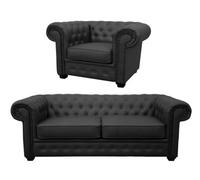Venus Chesterfield Style Sofa 2 Seater + Armchair Black Faux Leather