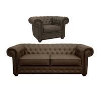Venus Chesterfield Style Sofa 2 Seater + Armchair Brown Faux Leather