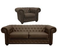 Venus Chesterfield Style Sofa 2 Seater + Armchair Brown Faux Leather