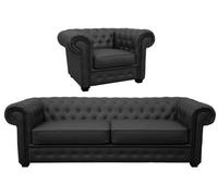 Venus Chesterfield Style Sofa 3 Seater + Armchair Black Faux Leather