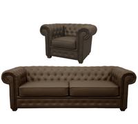 Venus Chesterfield Style Sofa 3 Seater + Armchair Brown Faux Leather