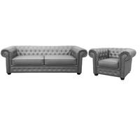 Venus Chesterfield Style Sofa 3 Seater + Armchair Grey Faux Leather
