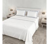 Venus Double Maxi Bed Set, 100% Cotton, Made in Italy - White Bedding Set, 2 Pillowcases with Ruffles, Double Bourdon, Top Sheet 260 x 300 cm, Bottom Sheet 180 x 200 cm - Blue