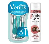 Venus Extra Smooth Sensitive Disposable Razors x3 + Satin Care Shea Butter Shave Gel Bundle