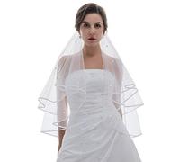 Venus Jewelry Women's 2T 2 Tier Ribbon Edge Center Gathered Rhinestone Crystal Bridal Wedding Veil Elbow Length 30" White