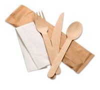 Venuscello 100 Set x Tithe Wooden Cutlery Set 4 in 1 Biodegradable Reusable Mixed Individually Wrapped Each Set Contains Wooden Fork, Spoon, Knife & 2-Ply Napkin