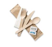 Venuscello 100 Set x Tithe Wooden Cutlery Set 6 in 1 Biodegradable Reusable Mixed Individually Wrapped Each Set Contains Wooden Fork, Spoon, Knife, 2-Ply Napkin, Salt & Pepper