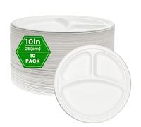 Venuscello 100 Strong Disposable 3 Compartment 10 Inch Bagasse Plates - Heavy Duty, Biodegradable, White, Eco-Friendly & Compostable for Parties
