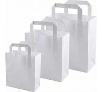 Venuscello® 100 x Flat Handle White Paper Carrier Bag 18cm x 23cm x 9cm Kraft Recyclable Strong Eco-Friendly Sustainable For Cafe Bakery Market Supplies Retail Groceries Shopping Takeaway Catering