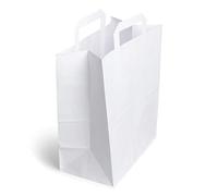 Venuscello® 100 x Paper Bags With Handles Takeaway Food Carrier White Kraft Bag with Flat Handle for Food Sweet Gifts Shopping Cloths Jewellery - 8.5" x 10" x 4.3"