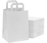 Venuscello® 100 x Paper Bags with Handles Takeaway SOS Food Carrier White Kraft Bag Flat Handle for Food Sweet Gifts Shopping Cloths Jewellery - 7" x 9" x 3.5"