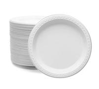 Venuscello 100 x Plastic Party Plates 10" (26cm) White Reusable Dinner Plates for Catering Wedding Party BBQ Events Durable Lightweight Serving Plates