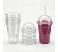 Venuscello® 100 x Reusable Smoothie Cups with Domed Lid 16oz (470ml) Clear Plastic Slush Cups for Milkshake Bubble Tea Iced Coffee Cold Drinks Party Catering Cups