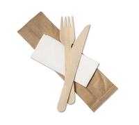 Venuscello 25 Set x Tithe Wooden Cutlery Set 3 in 1 Biodegradable Reusable Mixed Individually Wrapped Each Set Contains Wooden Fork, Knife & 2-Ply Napkin