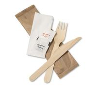 Venuscello 250 Set x Tithe Wooden Cutlery Set 5 in 1 Biodegradable Reusable Mixed Individually Wrapped Each Set Contains Wooden Fork, Knife, 2-Ply Napkin, Salt & Pepper