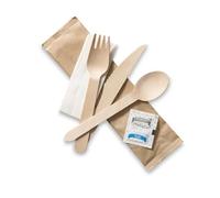 Venuscello 250 Sets Tithe Wooden Cutlery Set 6 in 1 Individually Wrapped Biodegradable Eco Friendly Dining Kit Each Set Contains Fork Spoon Knife 2 Ply Napkin Salt & Pepper for Travel Party Events