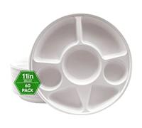 Venuscello 60 x Strong Disposable 7 Compartment 11 Inch Bagasse Plates Heavy Duty Bagasse Biodegradable Plates White Eco-Friendly & Compostable Party Plates